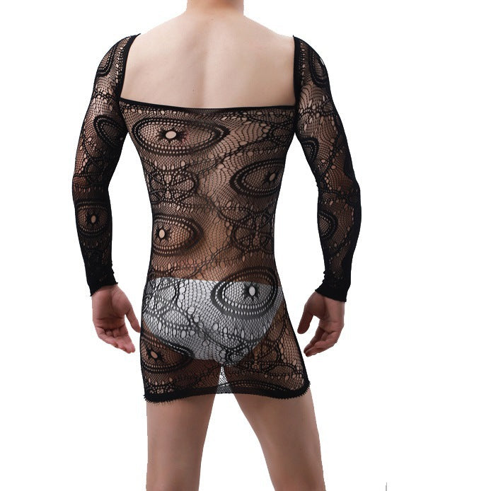 Image of Cross-border men’s mesh long sleeve tight short skirt nightclub male model GAY erotic underwear see-through jacquard